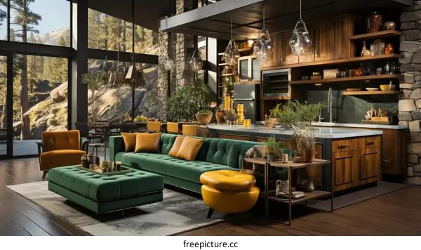 kitchen island with green sofa and yellow ottoman