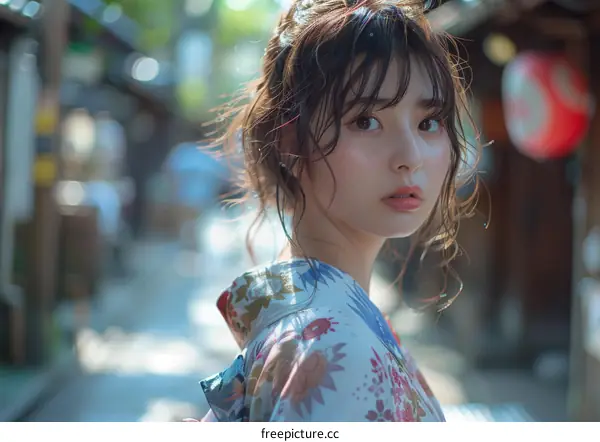 Asian Woman in Traditional Japanese Dress in a Street Scene