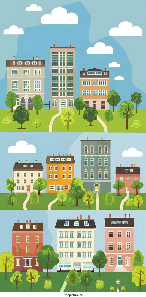 Cartoon Illustration of a Cityscape with Buildings and Trees