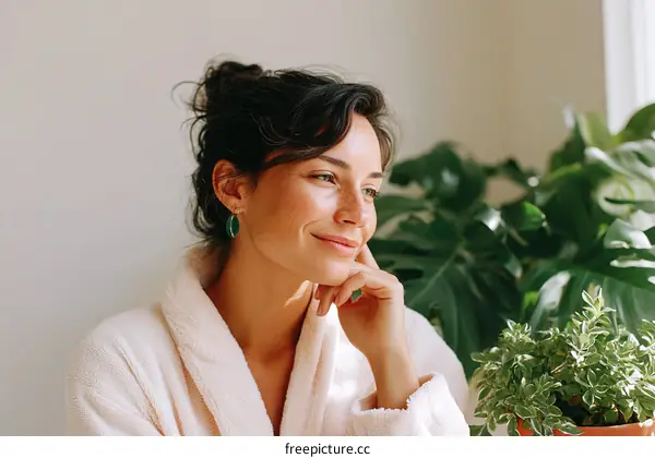 Woman Relaxing in a Cozy Robe, Peaceful Morning
