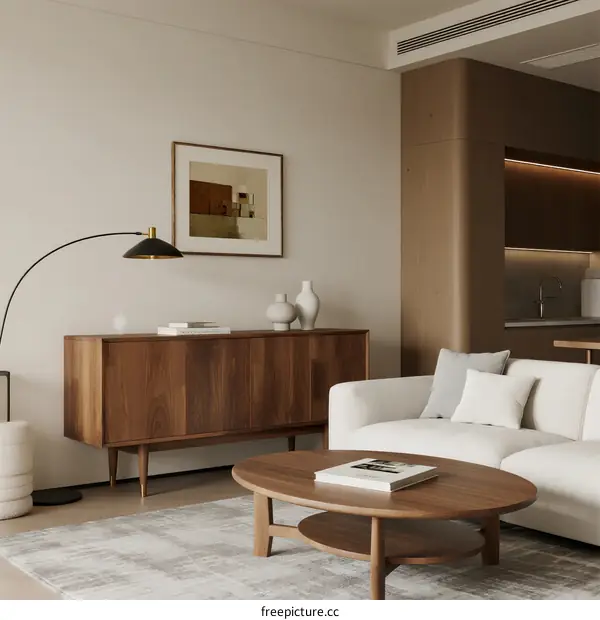 Minimalist living room with wooden furniture and soft lighting