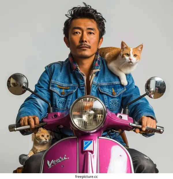 Asian man with cats on a vintage scooter