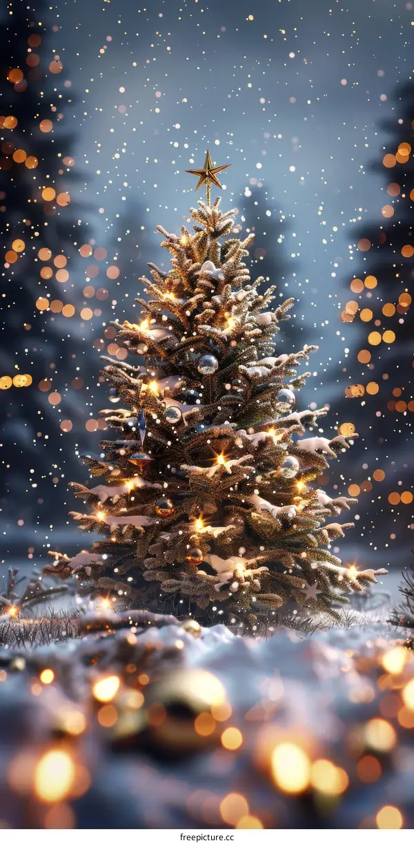 Snowy Christmas Tree Scene with Lights