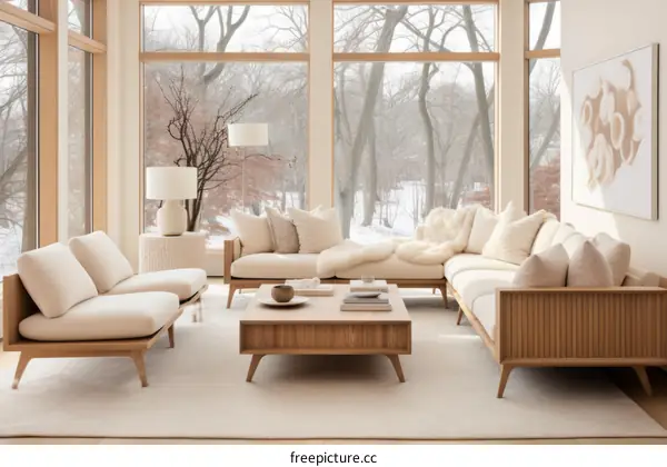 Modern Living Room with Large Windows and White Walls