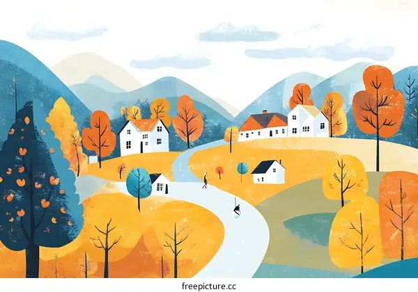 Autumn Landscape with Houses and People