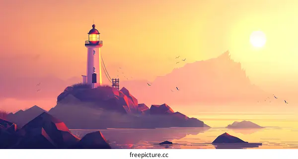 Lighthouse on a Rocky Coast at Sunset