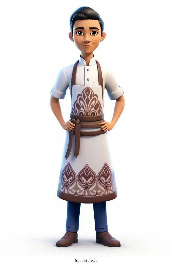A young man wearing an apron is standing with his hands on his hips