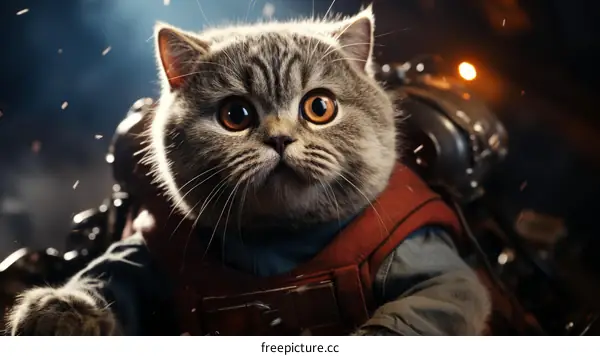 A cute cat wearing a spacesuit is sitting in a spaceship.