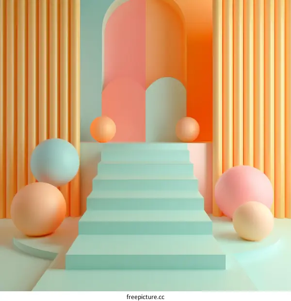 Colorful Stage with Stairs and Balls: 3D Rendering