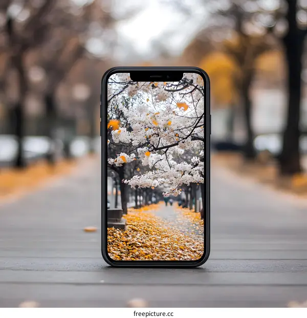Black Smartphone Displaying Image of White Blossoms and Autumn Leaves