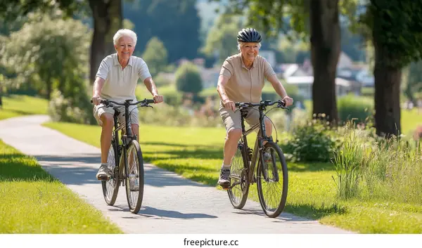 Two Seniors Enjoying a Bicycle Ride in a Park