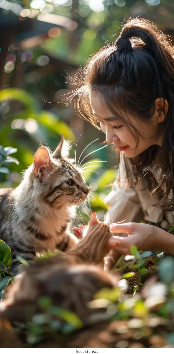 a girl is playing with two cats in the garden