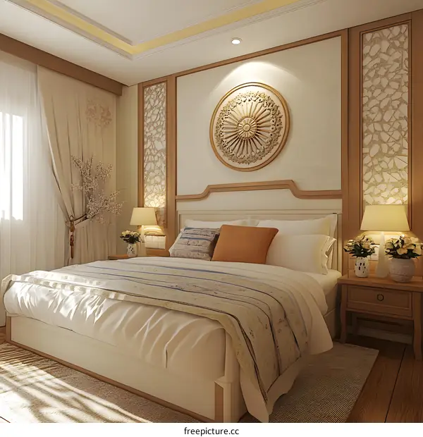 Luxury Bedroom Interior Design with Wooden Headboard and Decorative Wall Art