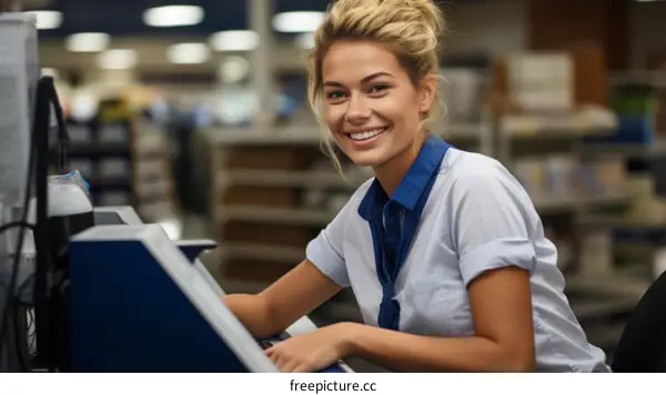 Portrait of a smiling young woman working at a cash register in a supermarket