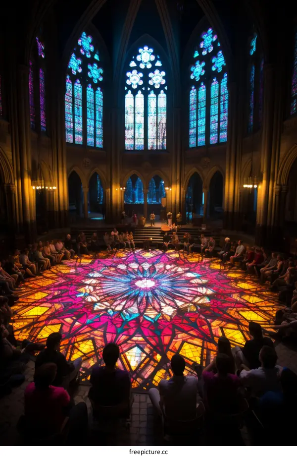 People sitting in a colorful cathedral with stained glass windows