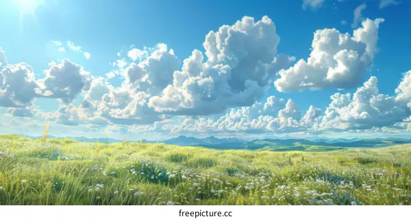 Summer Meadow Landscape with Fluffy Clouds