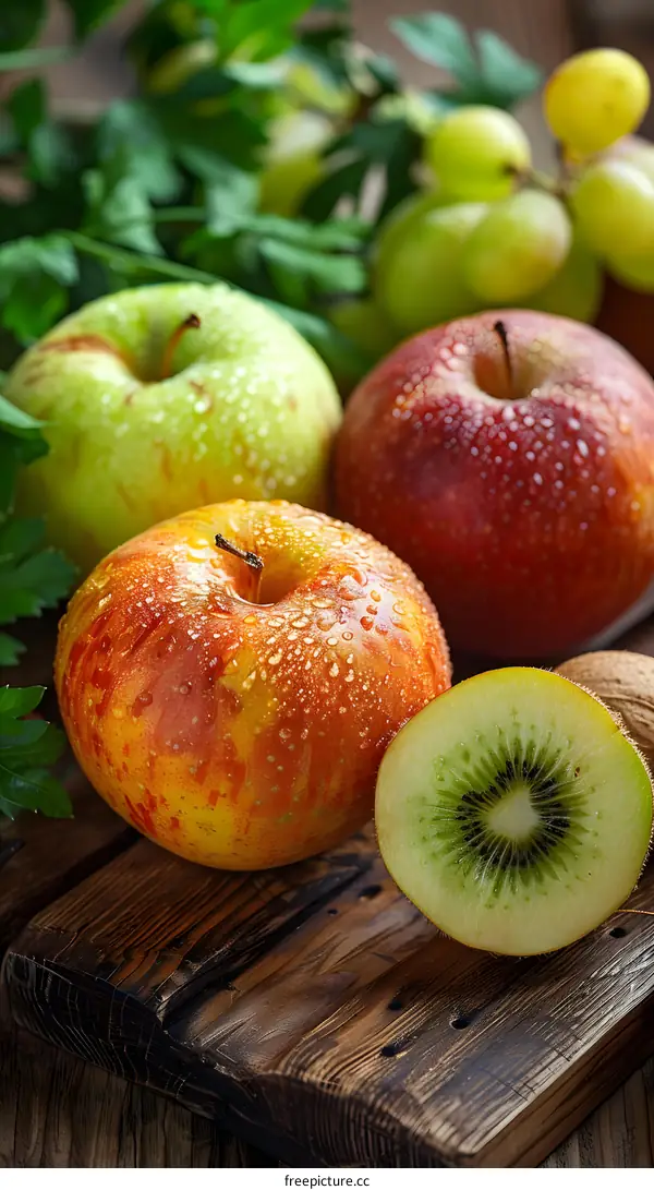 kiwi and apples on a wooden table