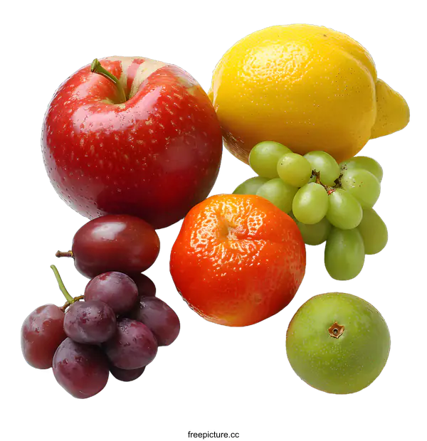 [Transparent Background PNG]Fresh Fruit Arrangement of Apple, Grapes, Lemon, Tangerine and Lime