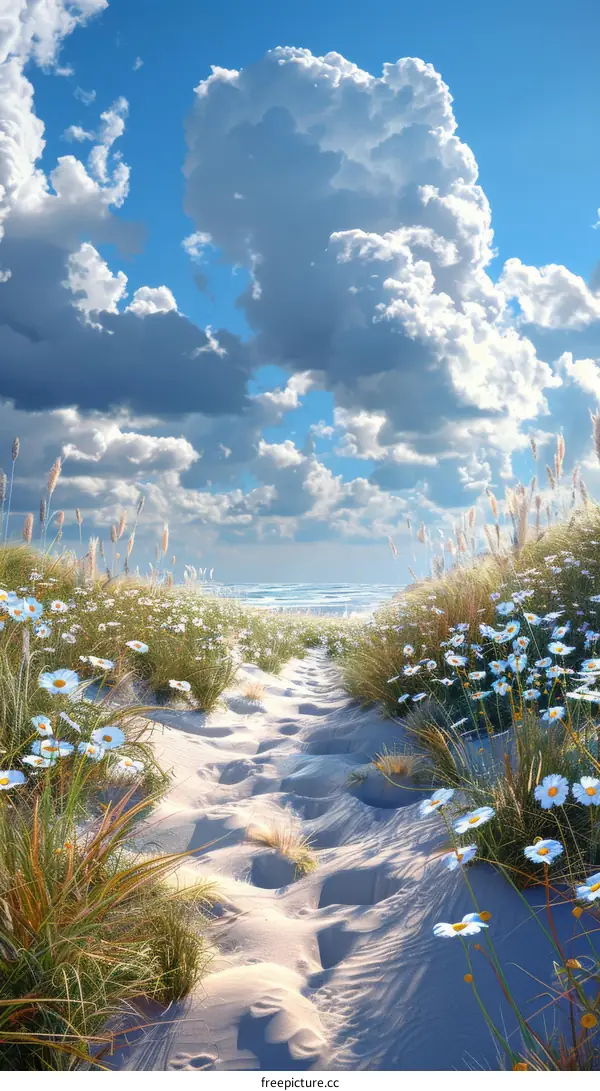 Beautiful Beach Path Under a Sky of Clouds