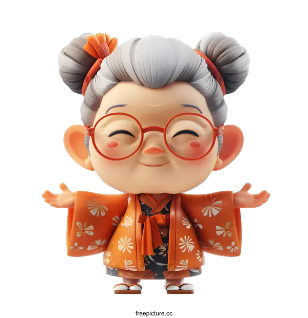 [Transparent Background PNG]A 3D illustration of a cute old lady in a kimono