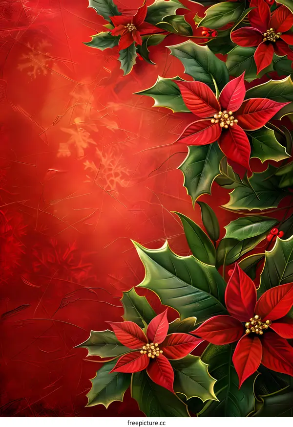 Christmas red background with poinsettias
