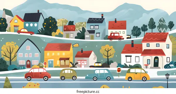 Colorful Illustration of a Small Town with Houses and Cars