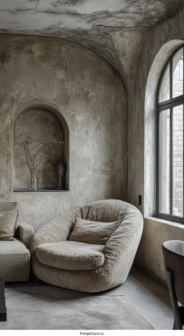 Beige Upholstered Armchair in a Modern Rustic Interior