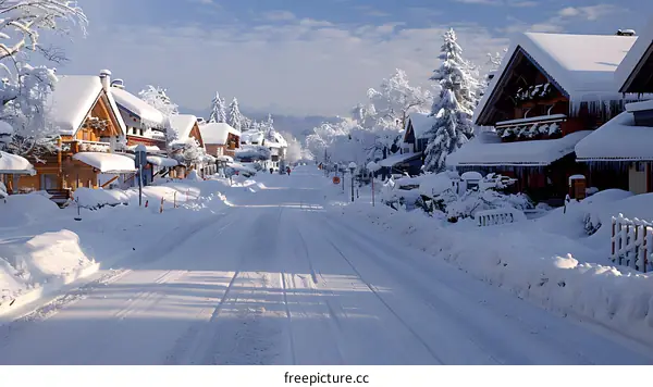 Snowy village street in winter