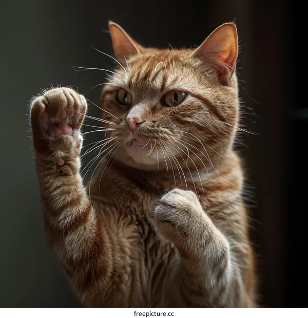 A ginger cat with its paws in the air