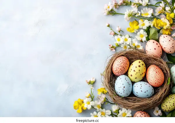 Colorful Easter Eggs in a Nest with Spring Flowers
