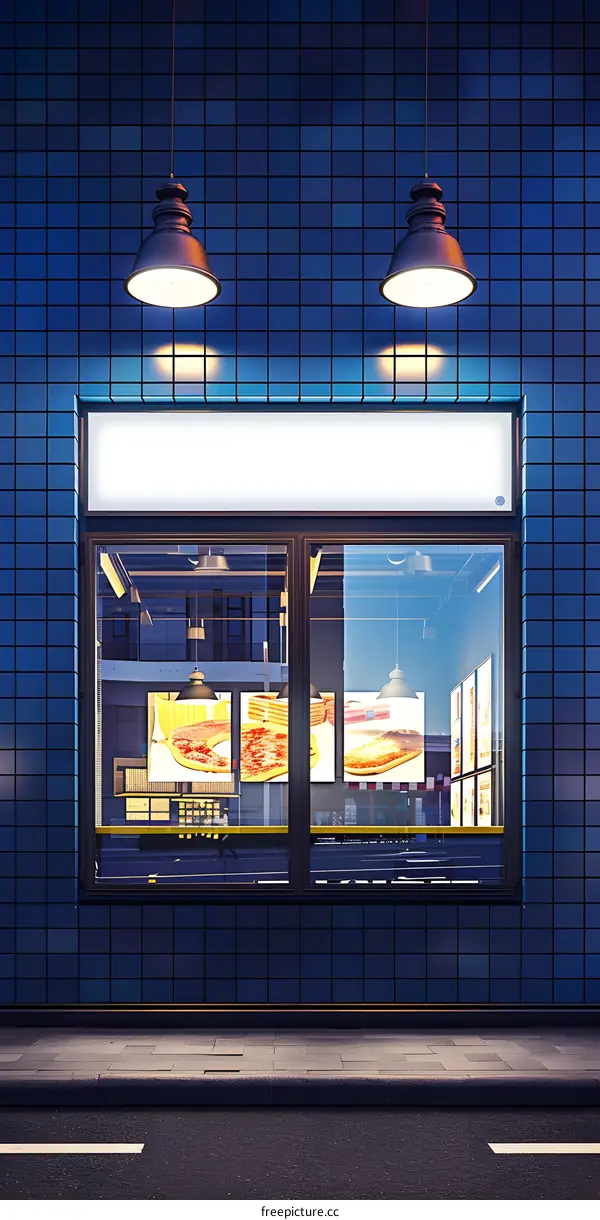 Night View of a Pizza Shop with Lights