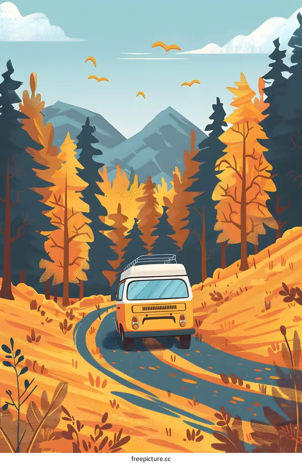 Autumn Forest Road Trip Landscape Illustration