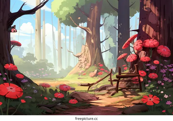 Mystical forest path with a broken fence and red flowers