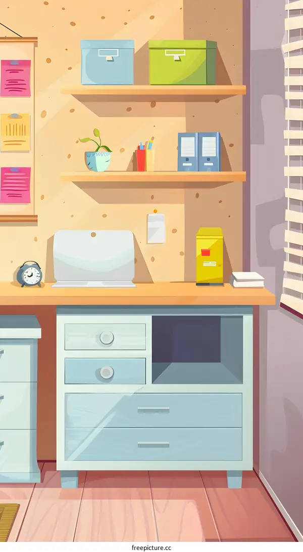 Office Desk with Wooden Shelves and Drawers