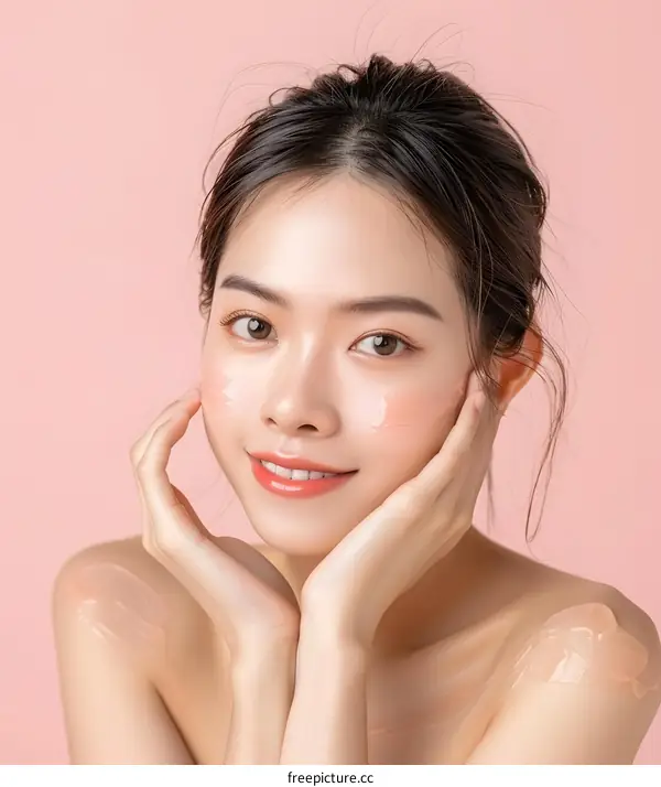 Beautiful Asian Woman Applying Face Cream on Pink Background