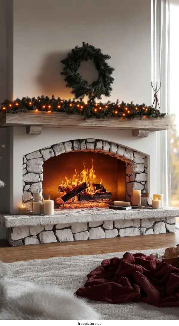 Cozy Christmas Fireplace with Warm Lighting and Decor