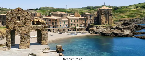 Stone Archway Leading to the Coastline of a Historic Italian Town