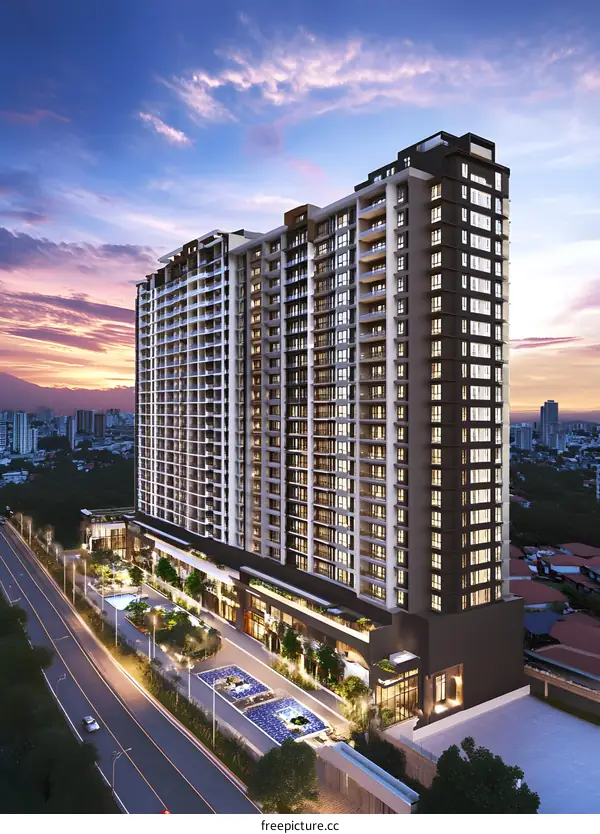 Modern Apartment Building with Outdoor Amenities and a Sunset Sky