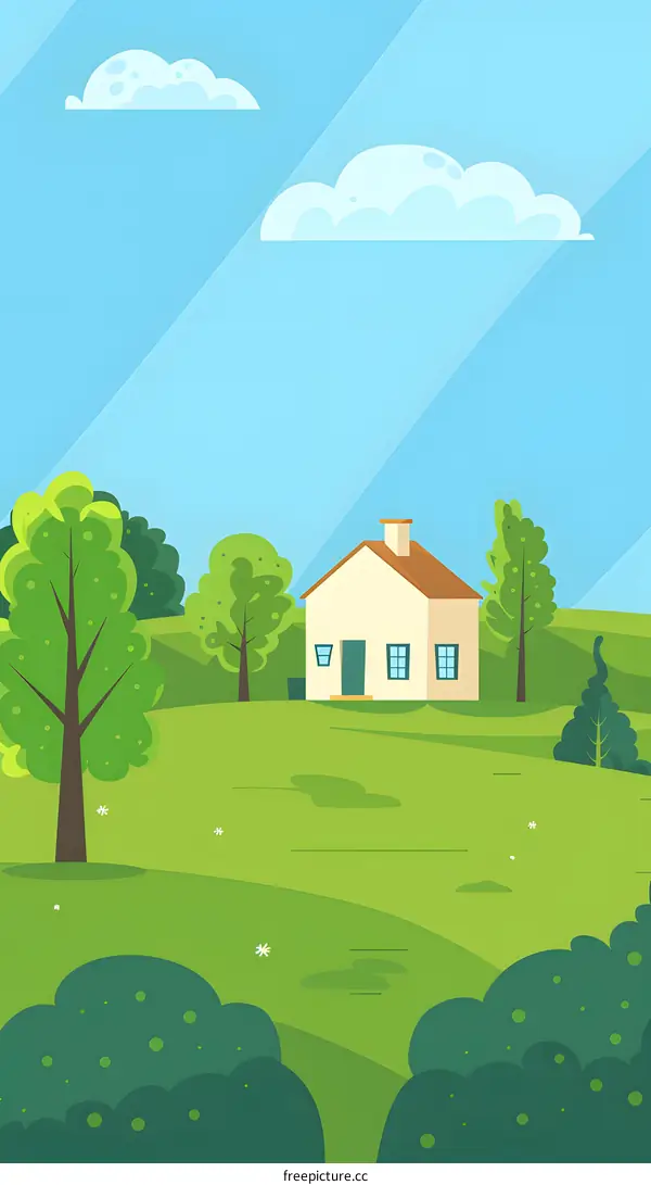 Cartoon Illustration of a House in a Green Meadow