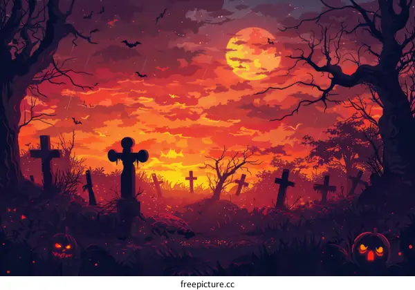 Graveyard at night with a blood red moon