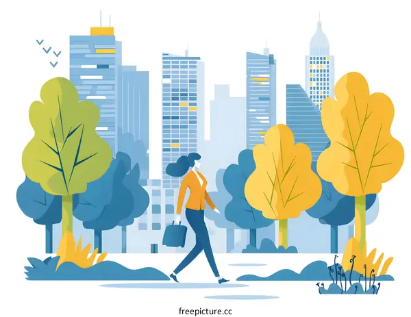 Woman Walking in City Park Illustration