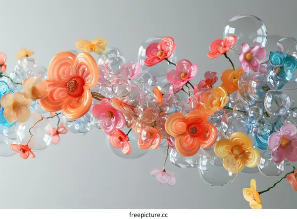 A 3D rendering of a bunch of colorful plastic flowers and bubbles