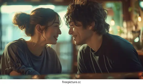 A young couple is sitting in a bar smiling at each other