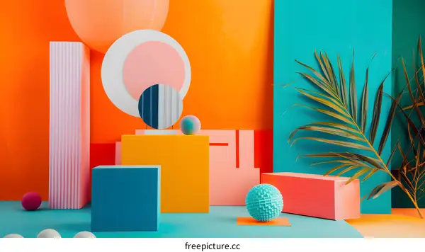Colorful Geometric Shapes and Palm Leaf on Abstract Background