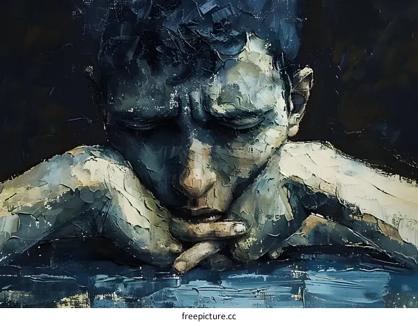 Close Up Oil Painting Of A Man With His Hands On His Face