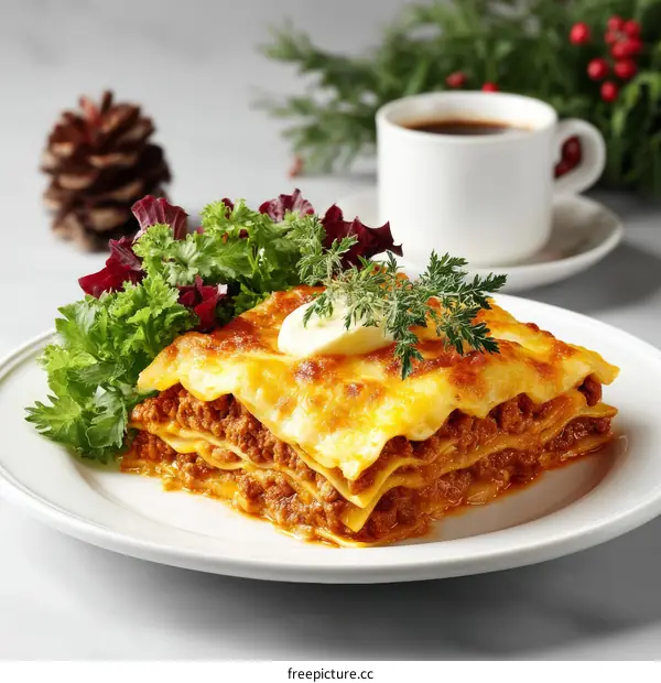 Christmas Lasagna with Fresh Salad and Coffee