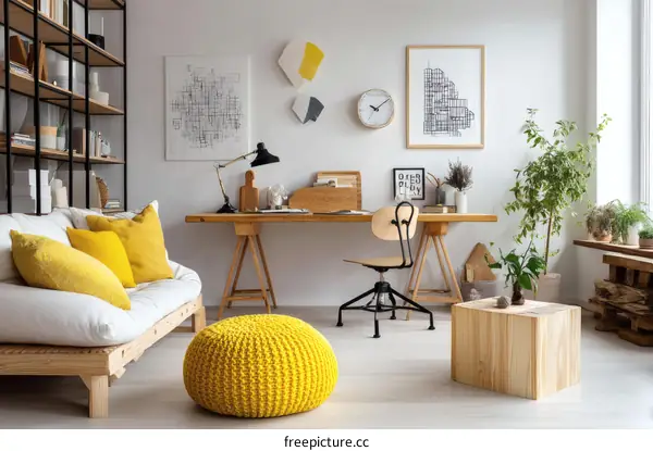 Modern Scandinavian Home Office with Yellow Accents