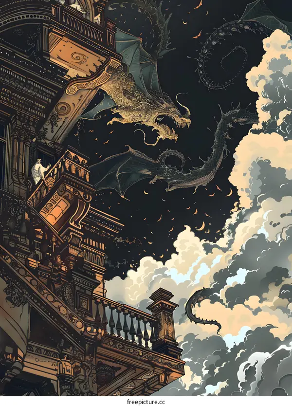 Dragon Flying Over Building with People Looking Up