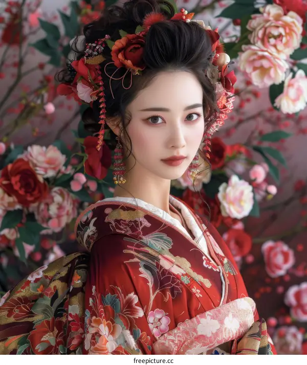 Portrait of a beautiful woman in a red kimono with red and pink flowers in her hair