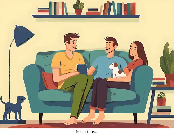Couple Relaxing on Sofa with Dog at Home Illustration